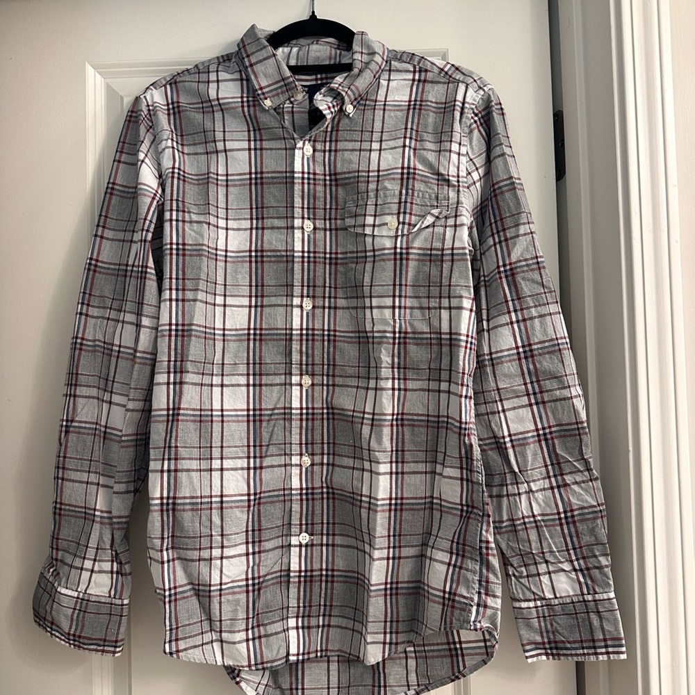 Men's Gap Plaid Button-Down Shirt - Gray and Red- Small